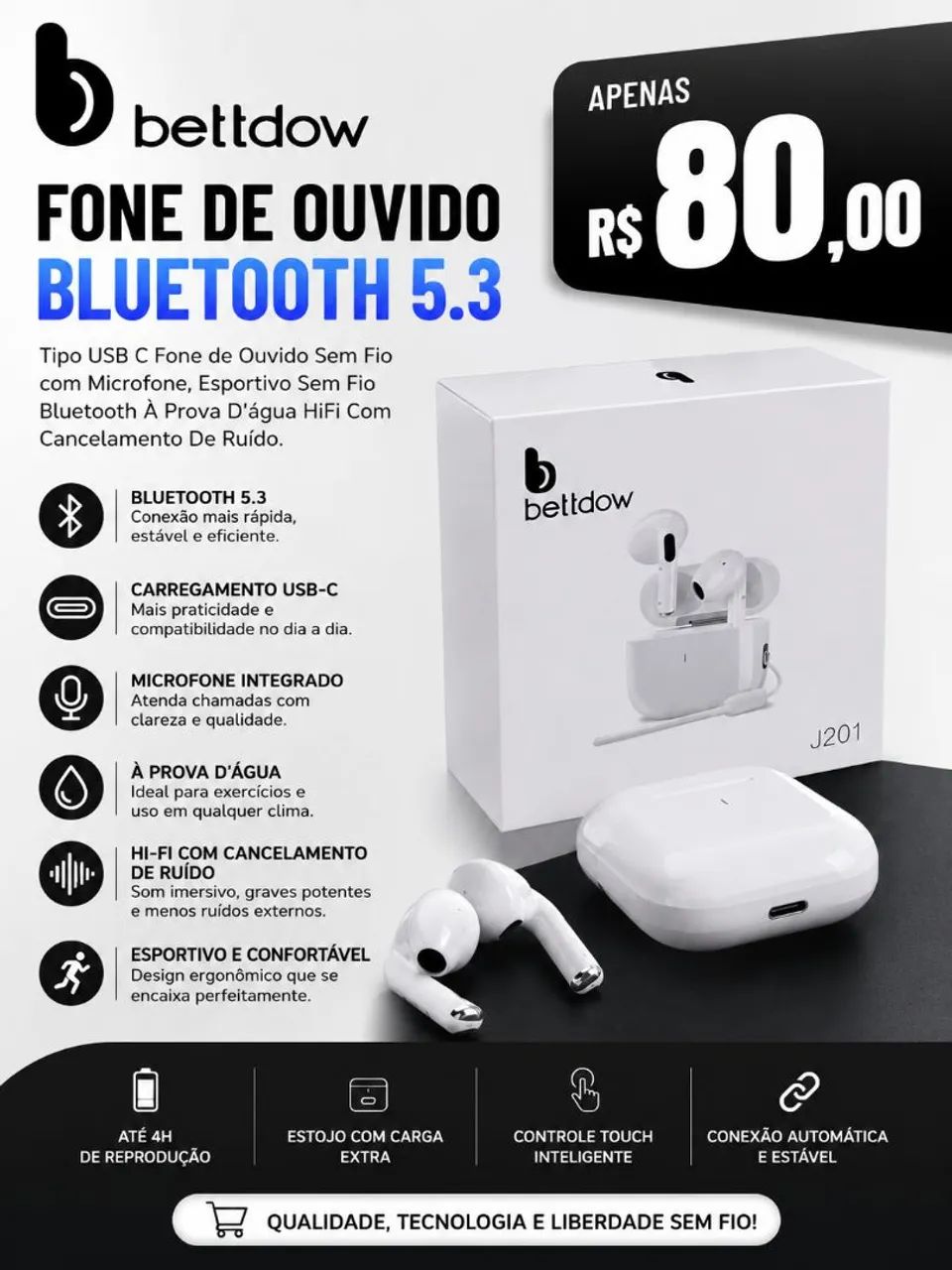Fones de ouvido sem fio Bettdow J201  - Foto 2