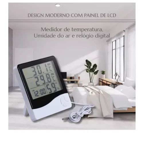 Termo-higrômetro Umidade Relógio Temperatura Sensor Externo - Foto 4