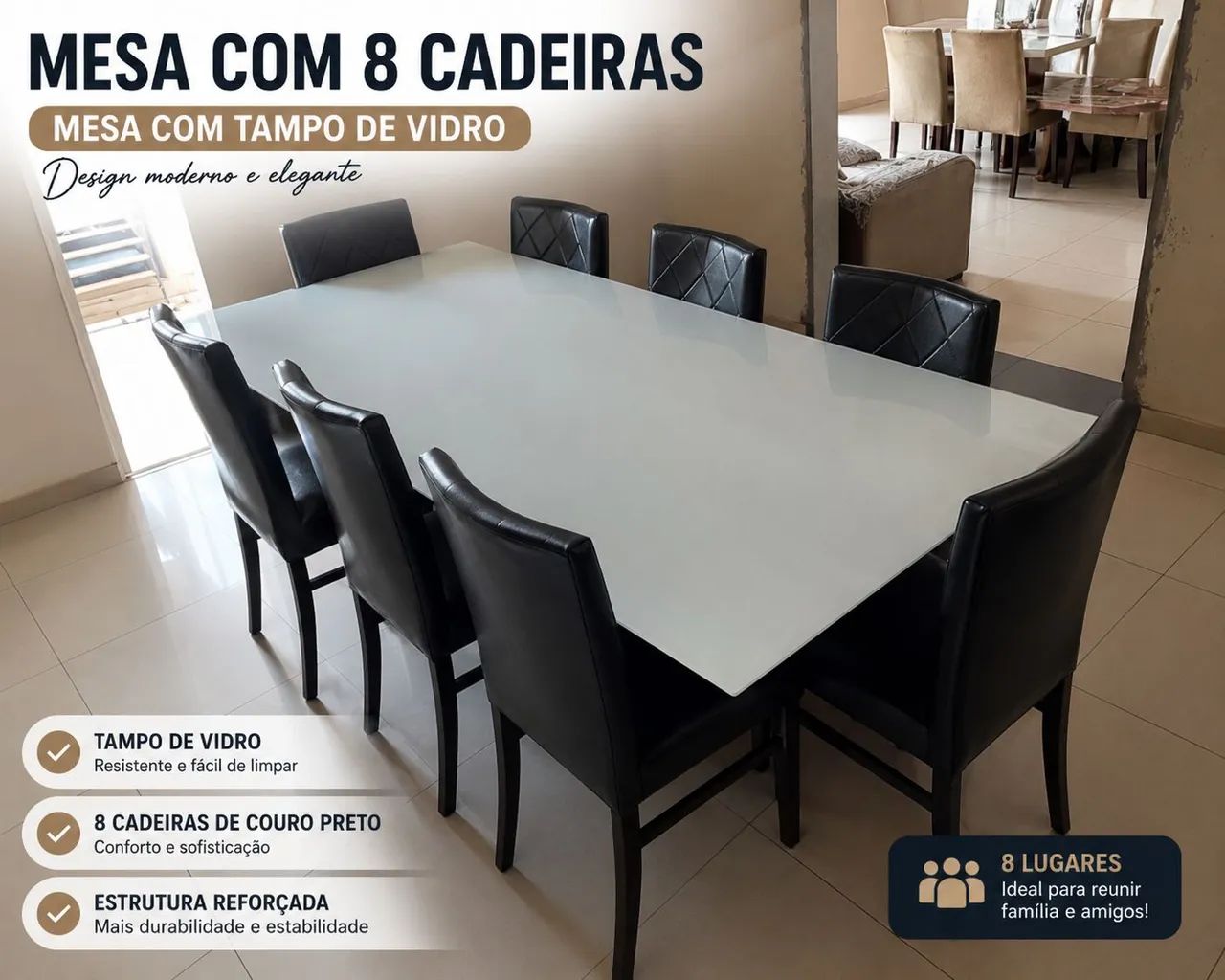 MESA COM 8 CADEIRAS DE COURO