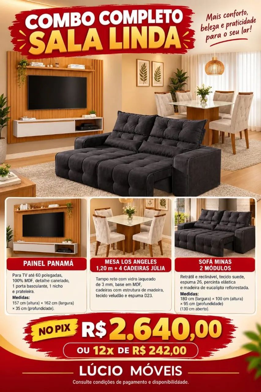 COMBO SALA COMPMETO SOFÁ RETRÁTIL PAINEL E MESA 