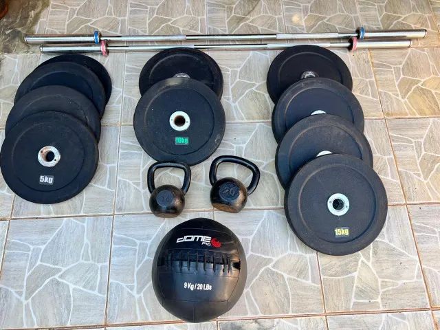 KIT ANILHAS, BARRAS, KATLEBEL, BOLA CROSSFIT