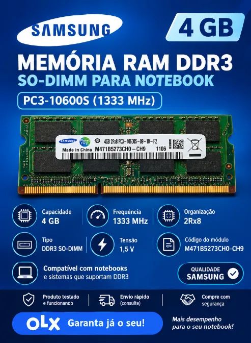 Memória RAM Samsung 4GB DDR3 1333MHz Notebook