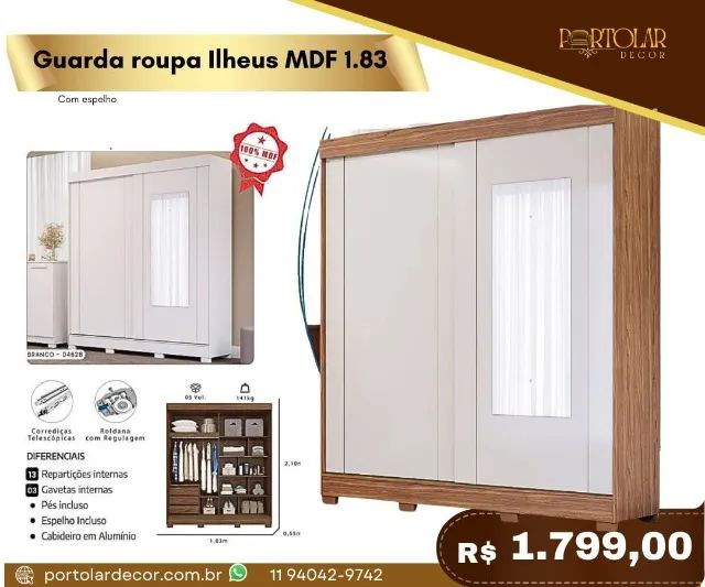 Guarda Roupa Ilhéus MDF 1.83 a pronta entrega 