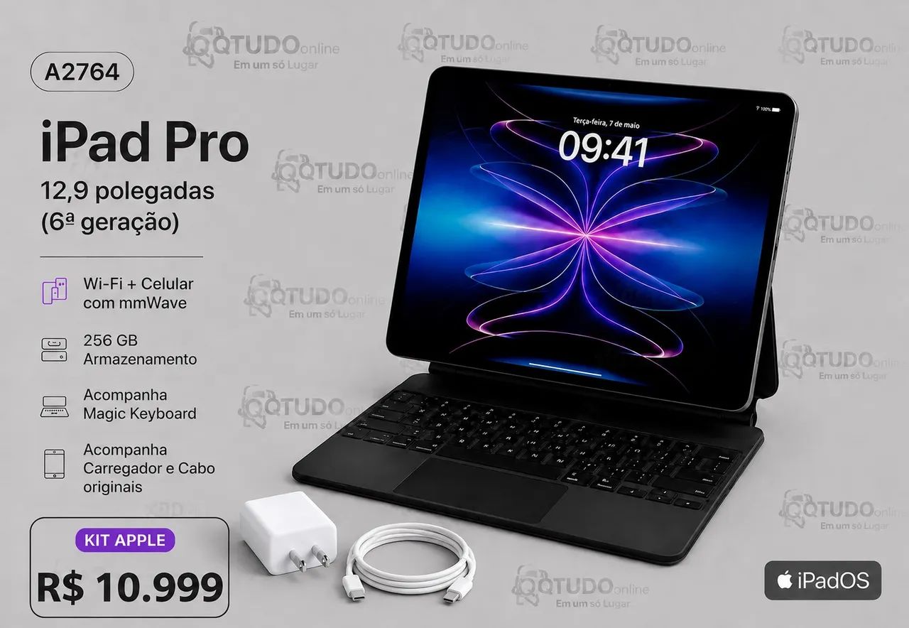 KIT APPLE Ipad Pro 12.9 Wi-Fi-cel M2 Prata 256Gb + MagicKeyboard+carreador e cabo C  Apple