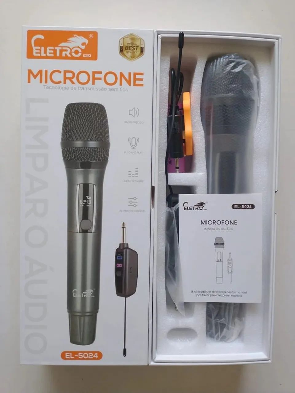 Microfone Sem Fio Dinâmico Eletromex EL-5024 Recarregável Plug P10 Profissional