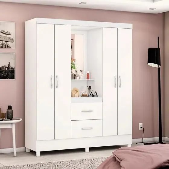 Guarda Roupa Capelinha Lord 4 Portas Flex Branco com Espelho - Demóbile 