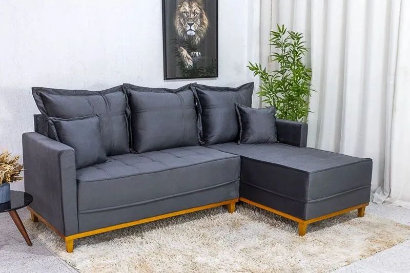 Sofá 3 Lugares com Chaise Veludo Cinza Molas Ensacadas 