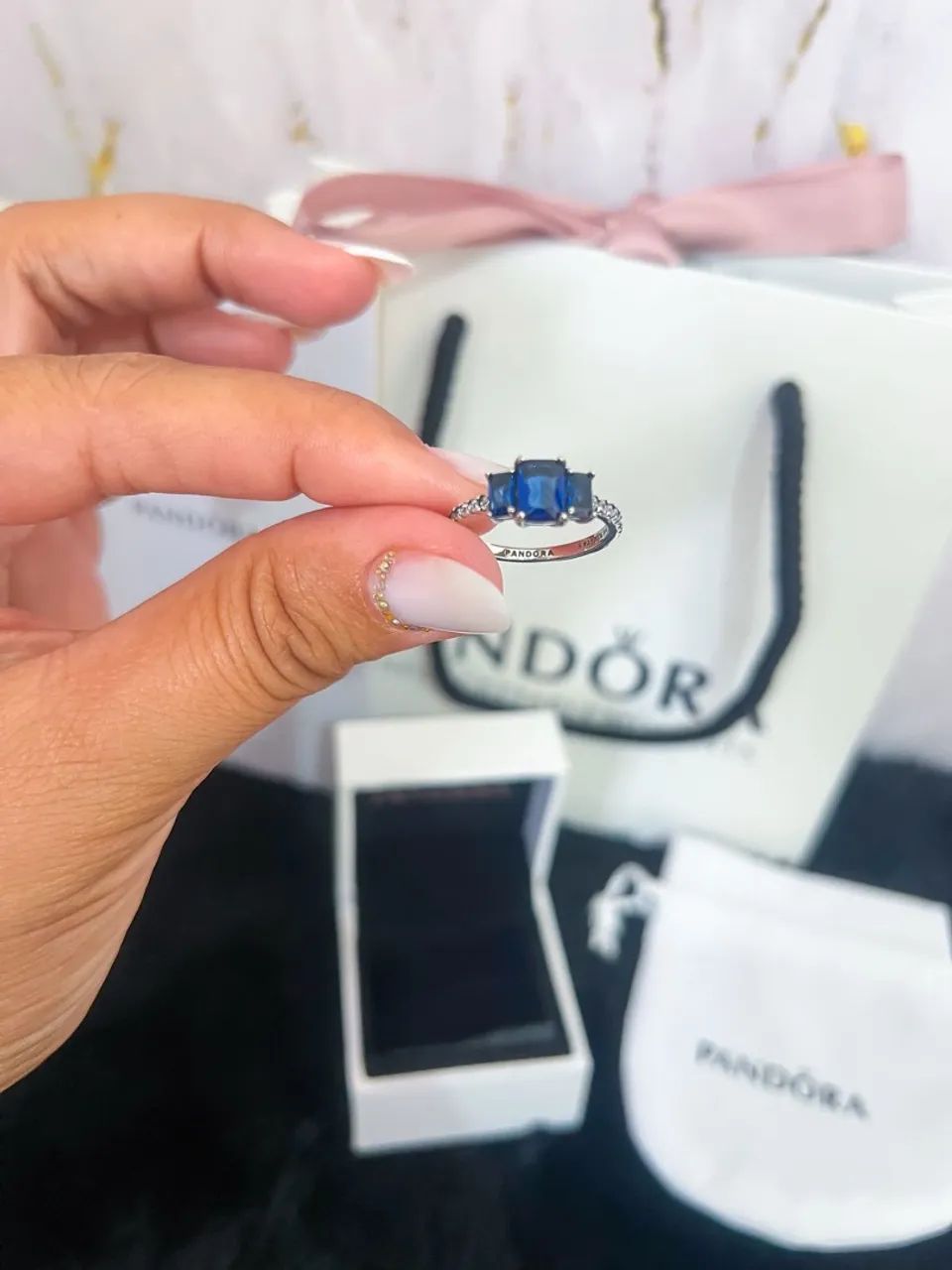 Anel Pandora três pedras azul original  - Foto 4