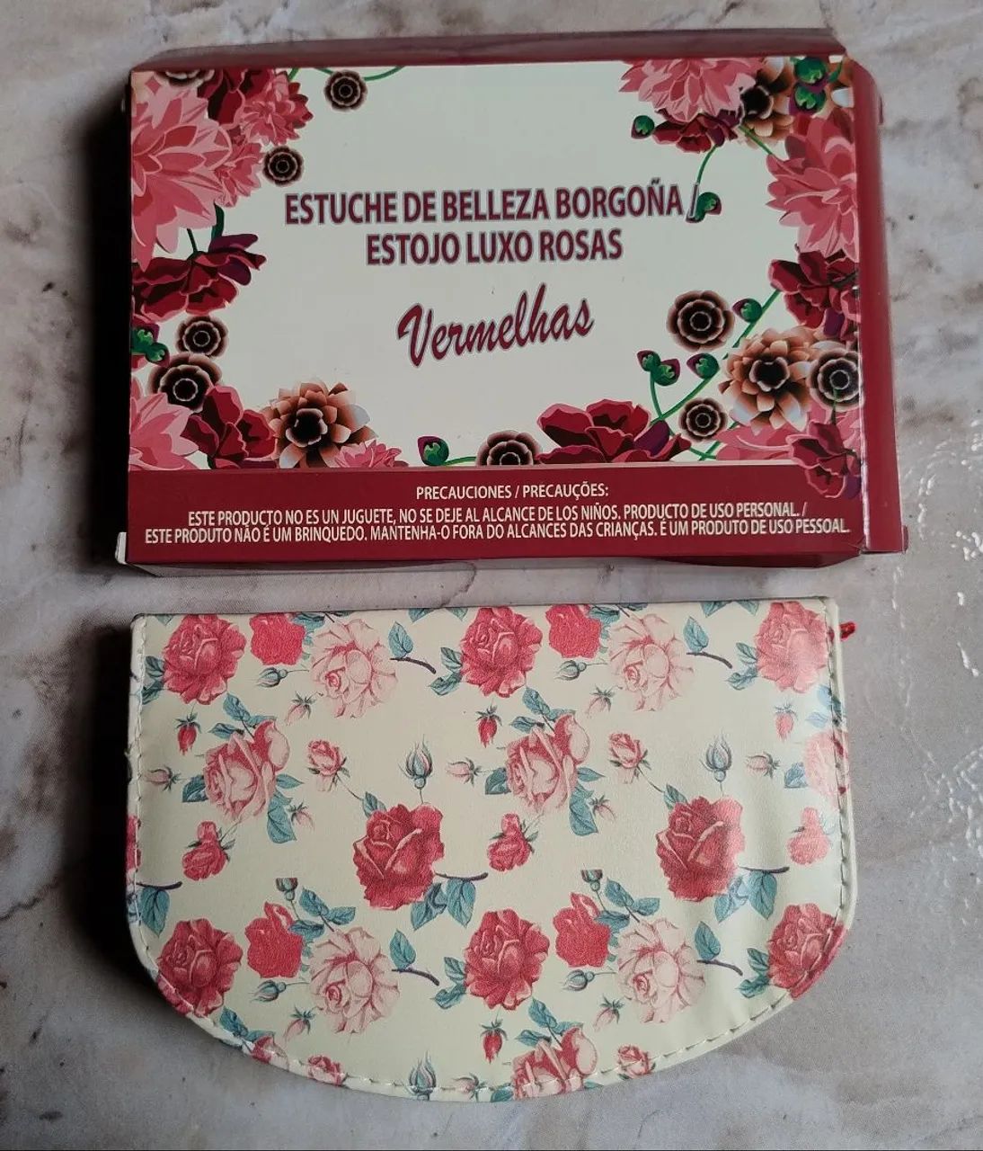 Estojo de Beleza Borgonha Luxo Rosas Vermelhas