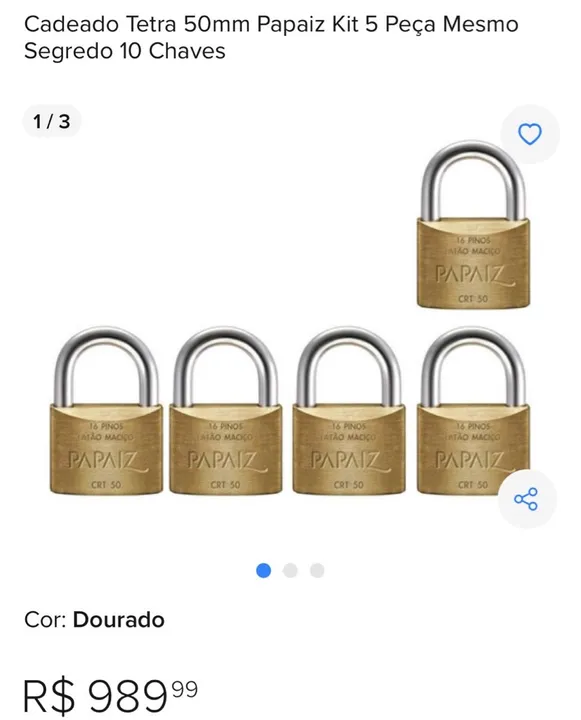 Cadeado Tetra 50mm Papaiz Kit 5 Peças Dourado