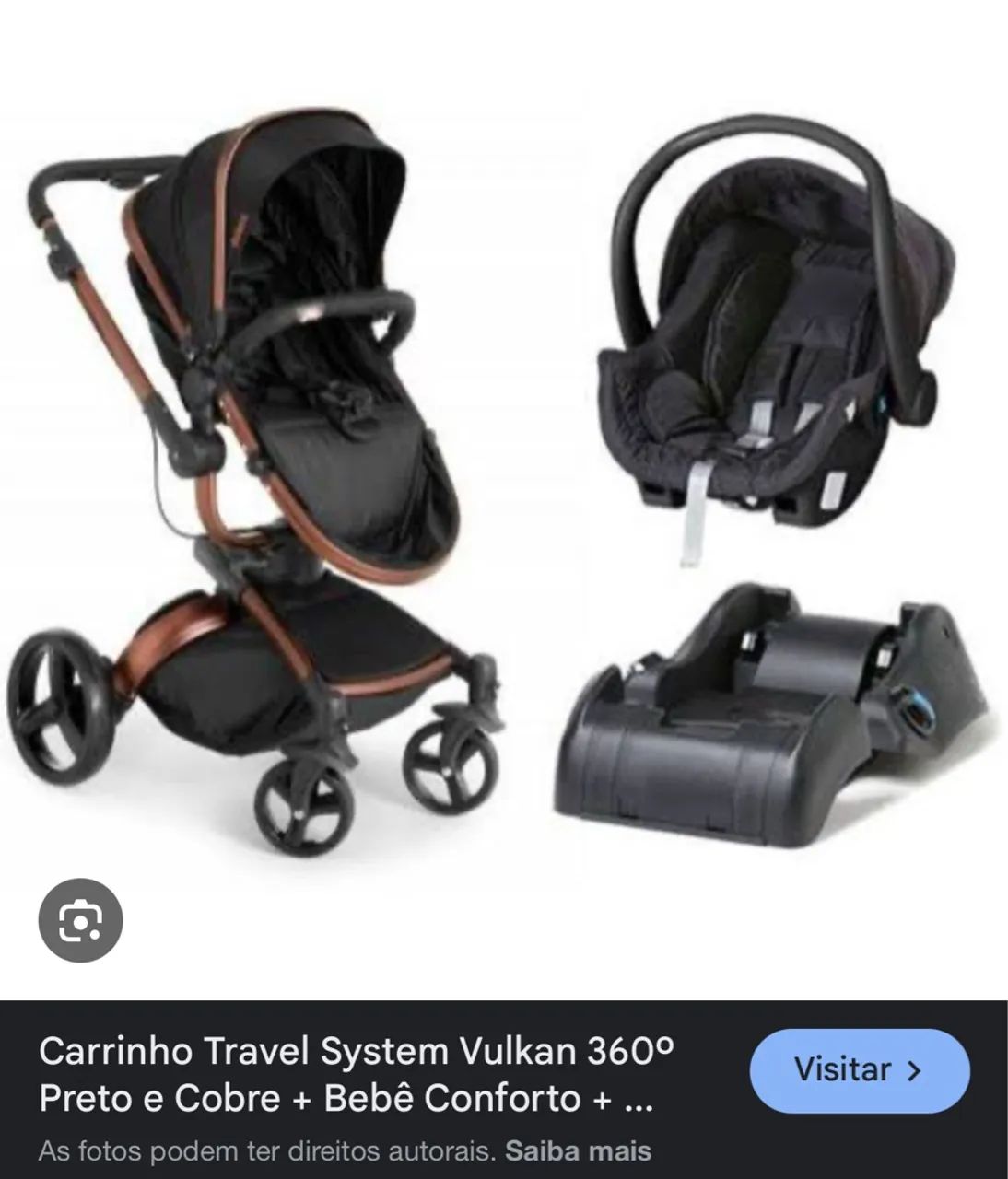 Carrinho Travel System Vulkan 360º Preto e Cobre + Bebê Conforto + Base - Dzieco - Foto 4