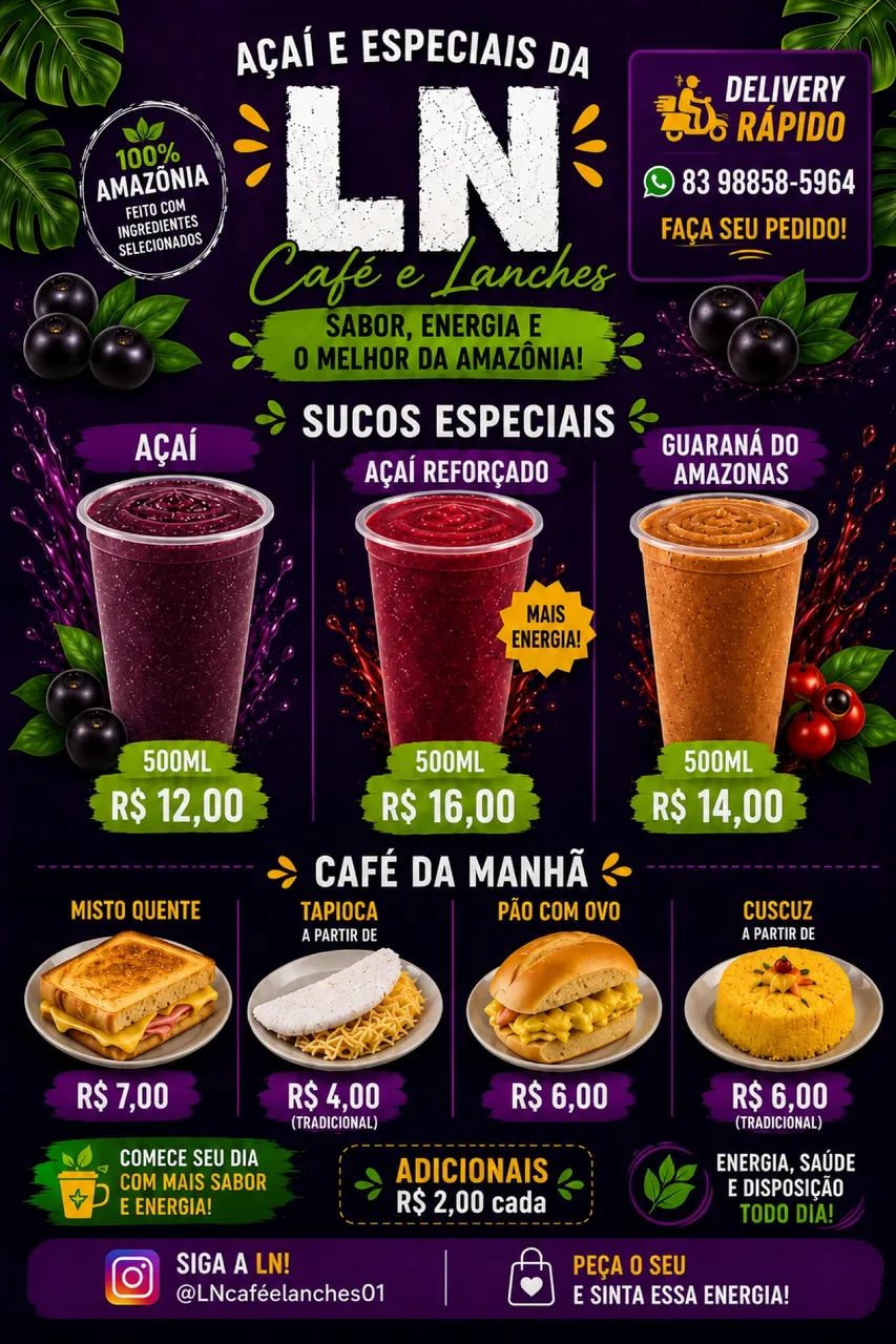 Café da manhã lanches sucos de açai