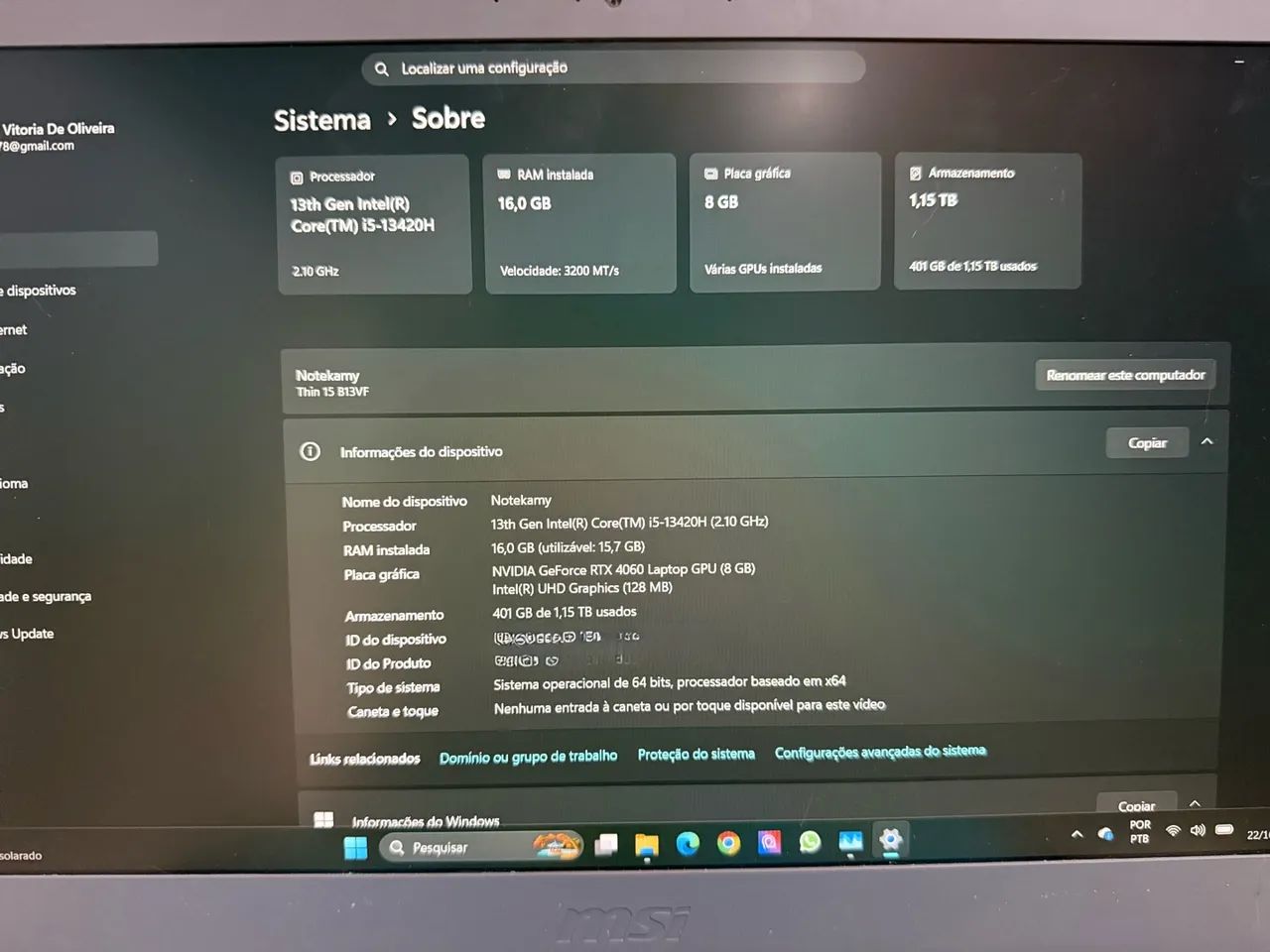 Notebook MSI Thin 15 B13VF 13" Rtx 4060 - Foto 2