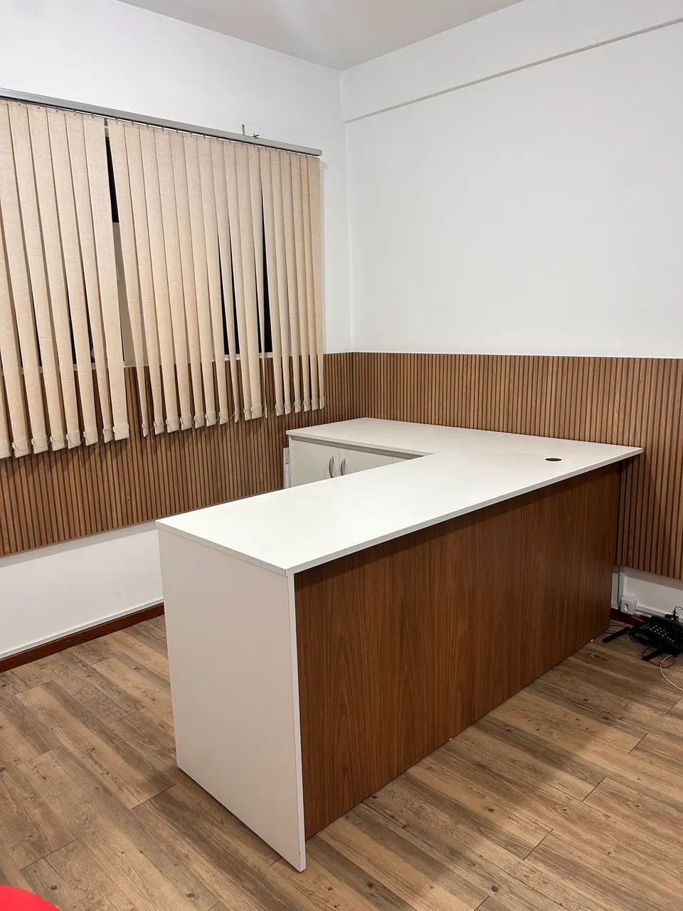 L-shaped office desk with side cabinet and drawers, custom-made by carpentry