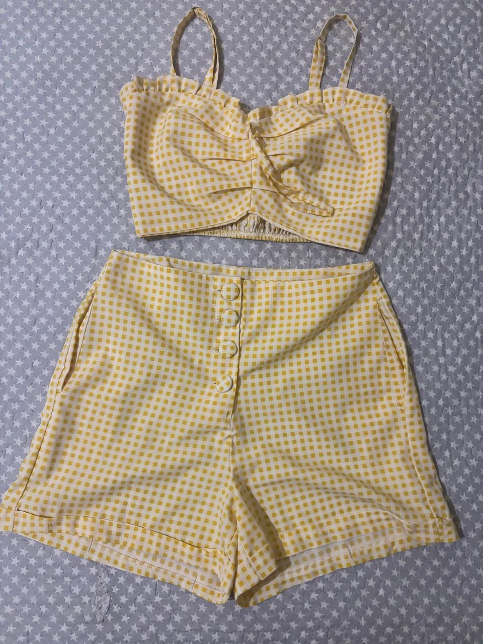 Conjunto xadrez amarelinho Cropped e Short 