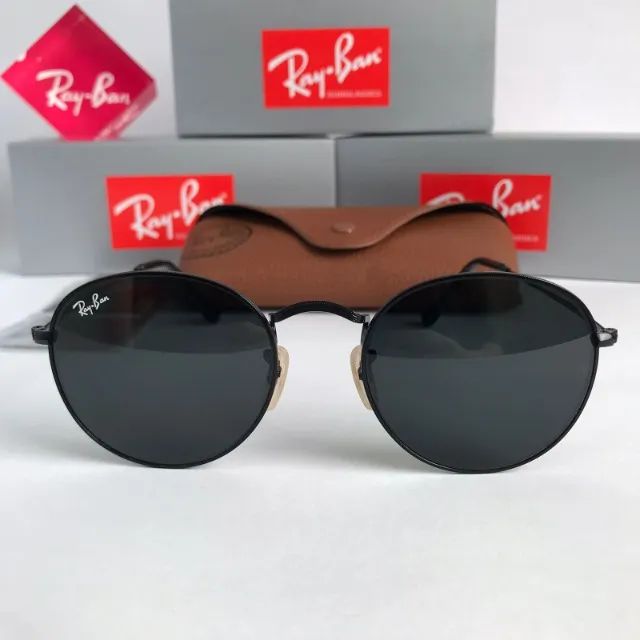 Óculos de sol Ray ban Round Black Rock Lentes de Cristal - Foto 3