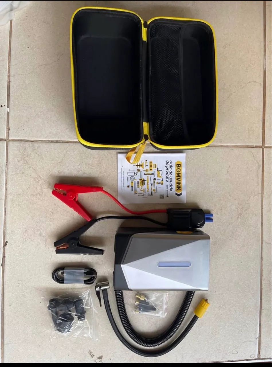 Auxiliar de partida e compressor portátil veicular com função de soprador