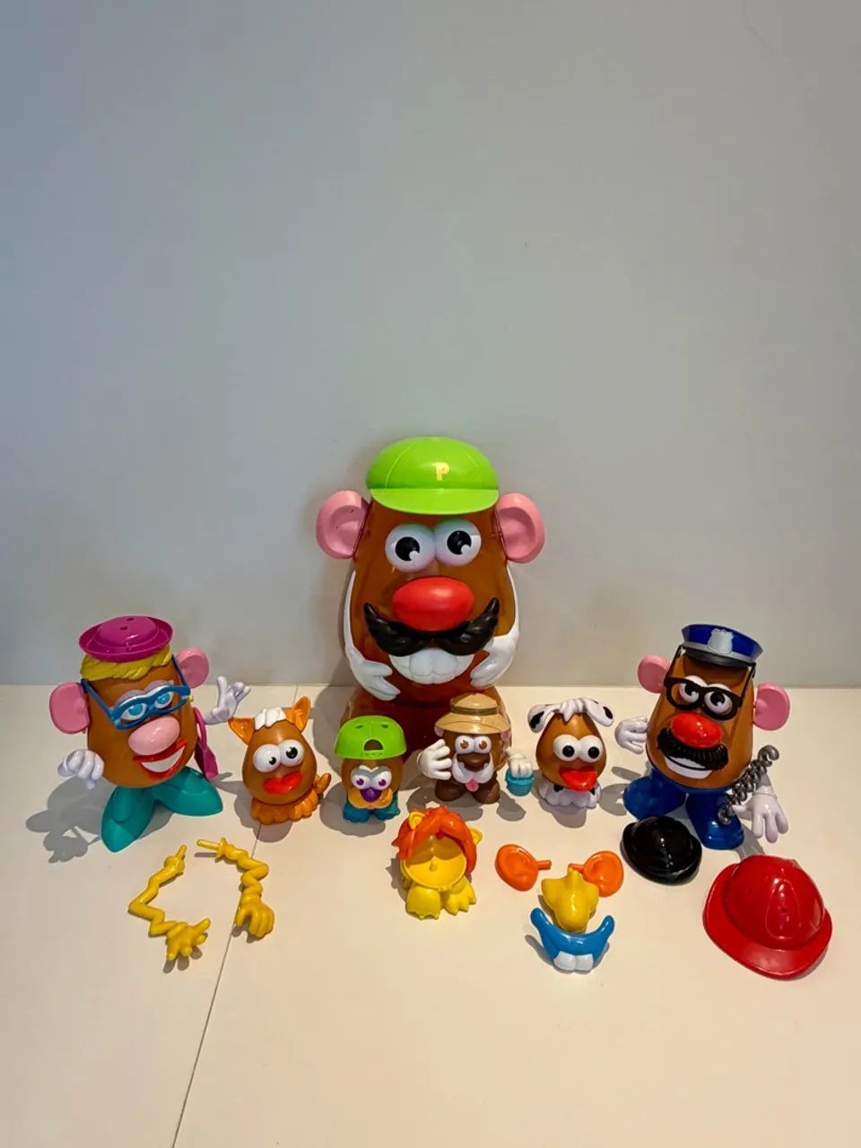 Família sr e sra cabeça de batata com pets