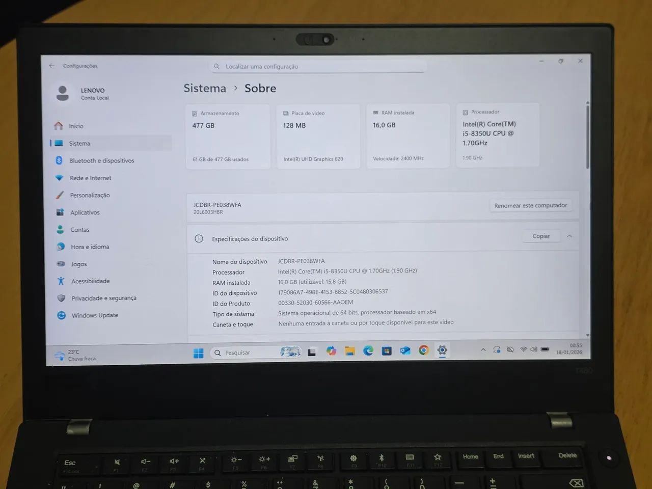 PC Lenovo Thinkpad T480 i5 8350U 16GB 512GB SSD - Tela 14" Full HD e 2 Baterias - Foto 2