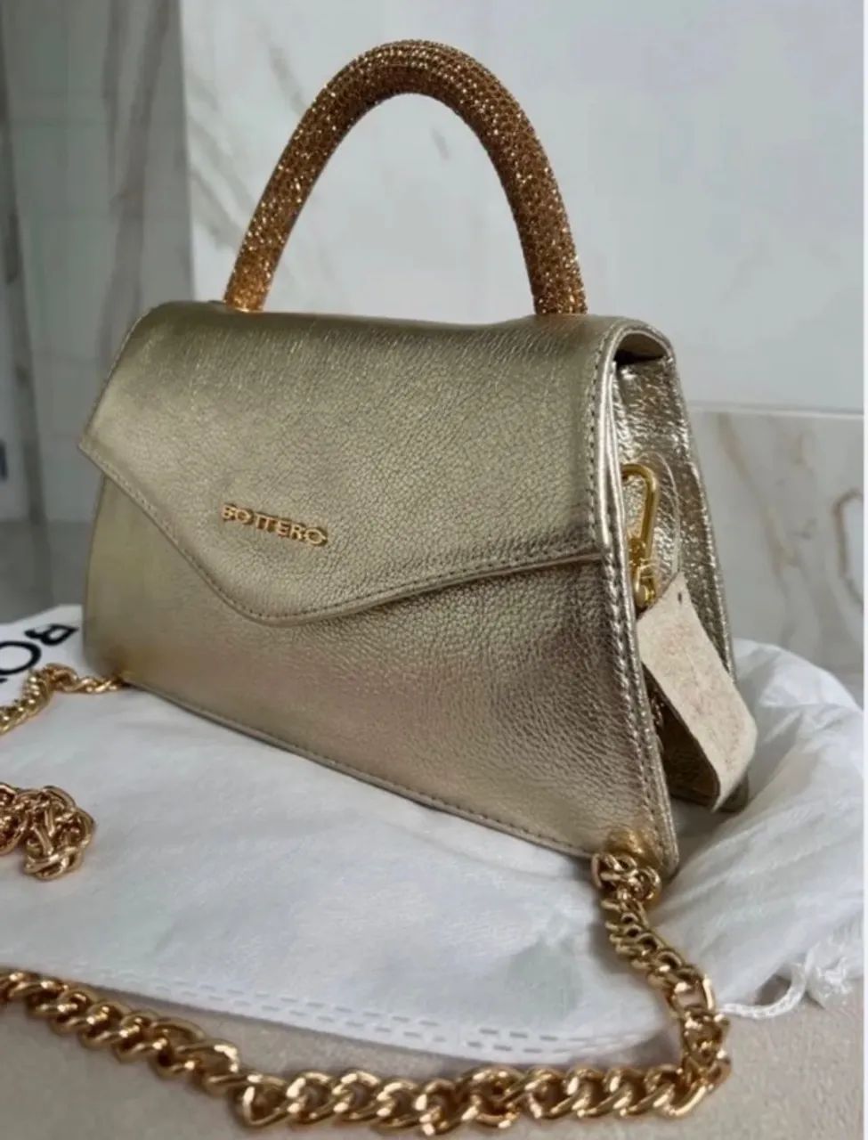 Bolsa Bottero Couro Legítimo Dourada Brilho