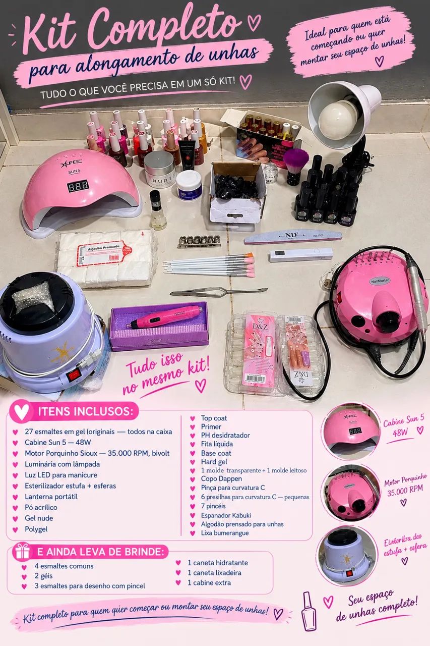 Kit Completo para Alongamento de Unhas + Equipamentos e Brindes