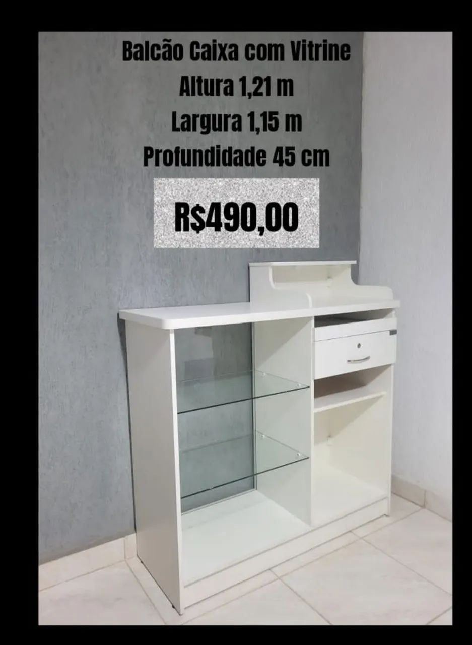 Balcão Caixa de MDF, com gaveta e vitrine