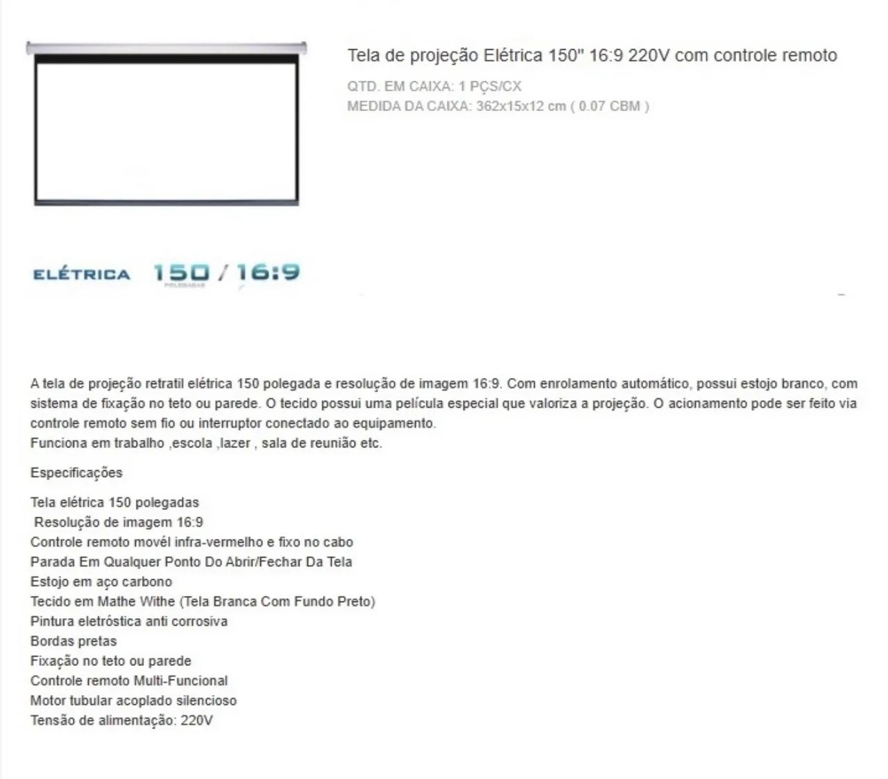 Tela de projeção projetor elétrica com controle 150? polegadas 220v (novo) - Foto 2