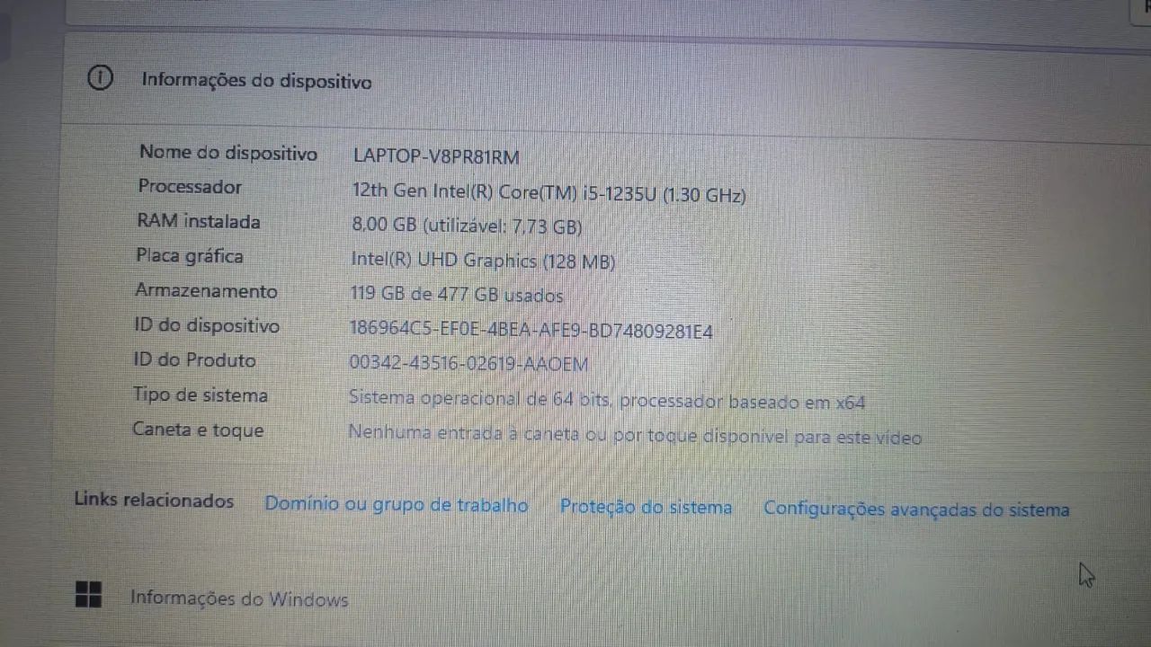 Notebook Lenovo i5 12ª Geração | 8GB RAM | SSD 512GB |
