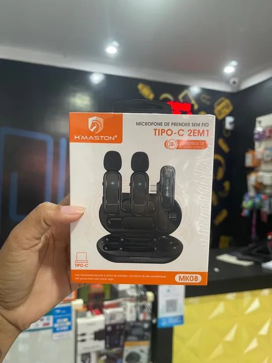 Sistema Microfone Lapela Duplo H'Maston MK08 Sem Fio USB-C 360° para Smartphone Android