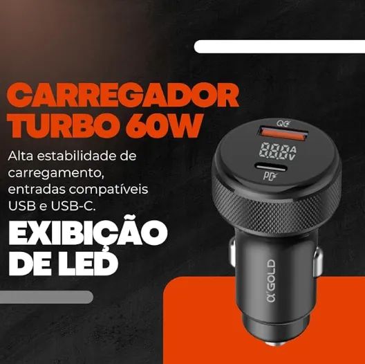 CARREGADOR VEICULAR 12/24V TURBO 60W 1 USB 1 USB TIPO-C AGOLD CJ12-4 - Foto 4