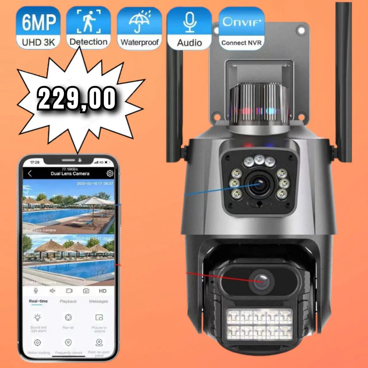 Câmera de segurança Visão dupla com sirene 