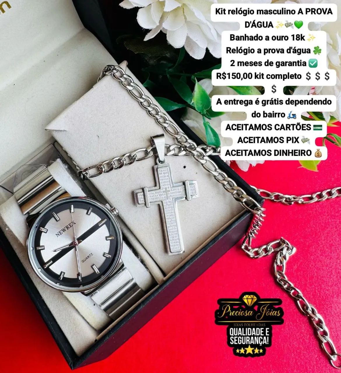 Kit Relógio Masculino + Corrente Banhado a Ouro 18k