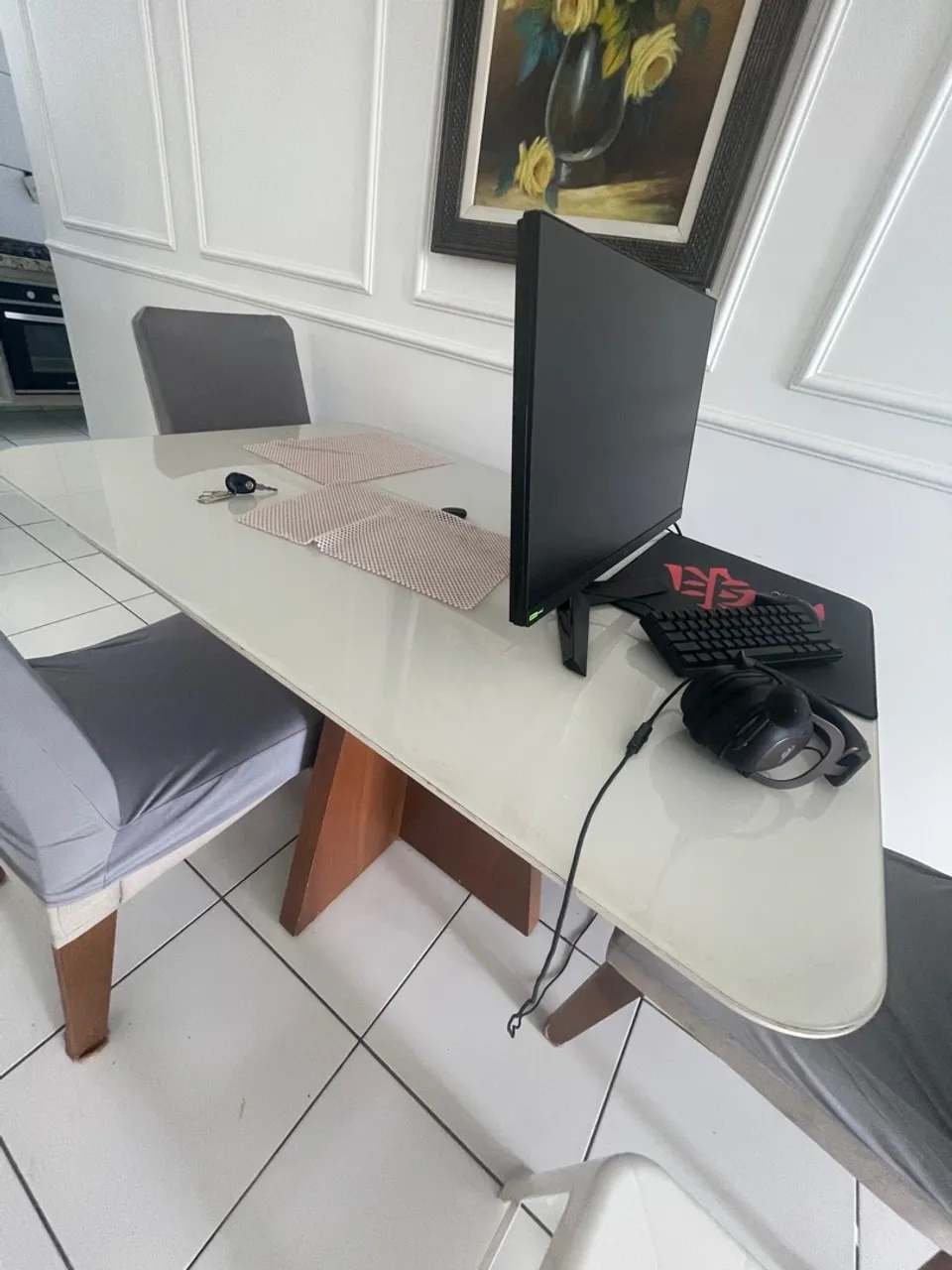 Mesa de Jantar com Tampo de Vidro Branco
