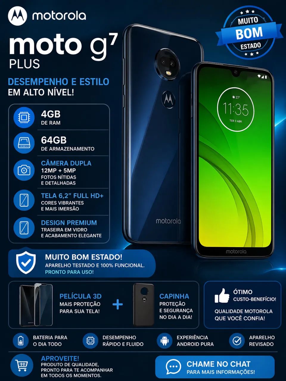 Motorola Moto G7 Plus Azul Escuro - 64GB / 4GB RAM - Celulares e