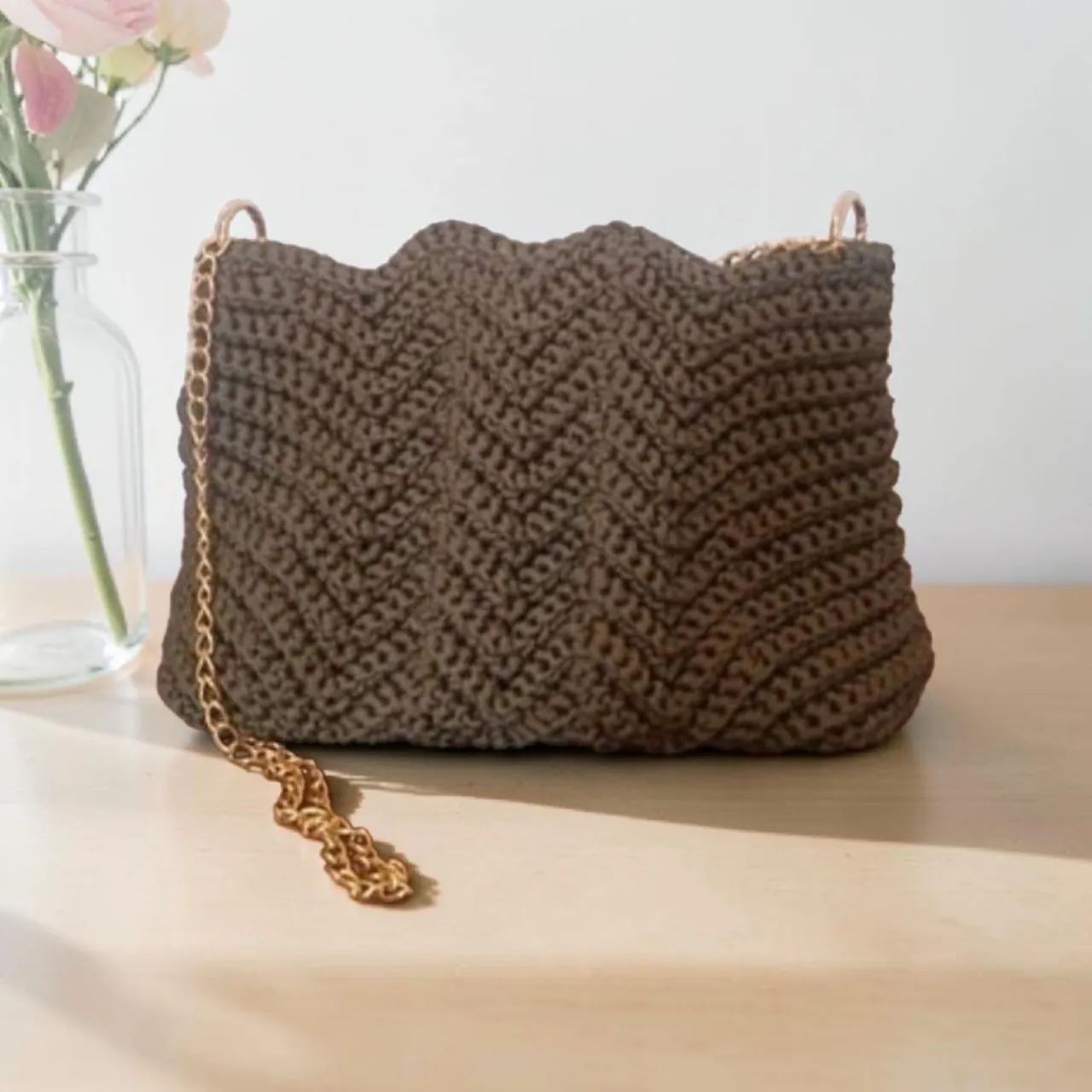 bolsa de luxo crochê verde oliva com alça de corrente - Foto 2
