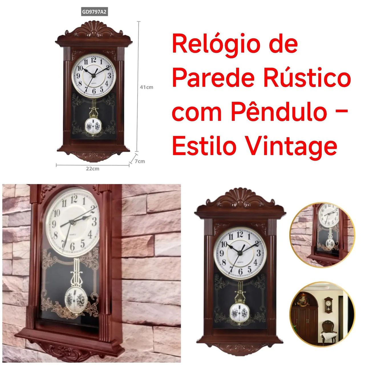 Relógio de Parede Rústico com Pêndulo - Estilo Vintage