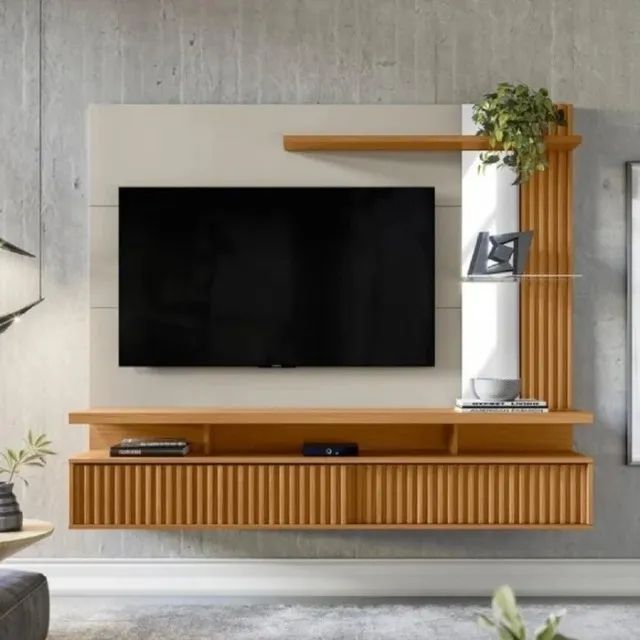 Living Room Panel with Mirror and Slatted Detail for TVs up to 60"
