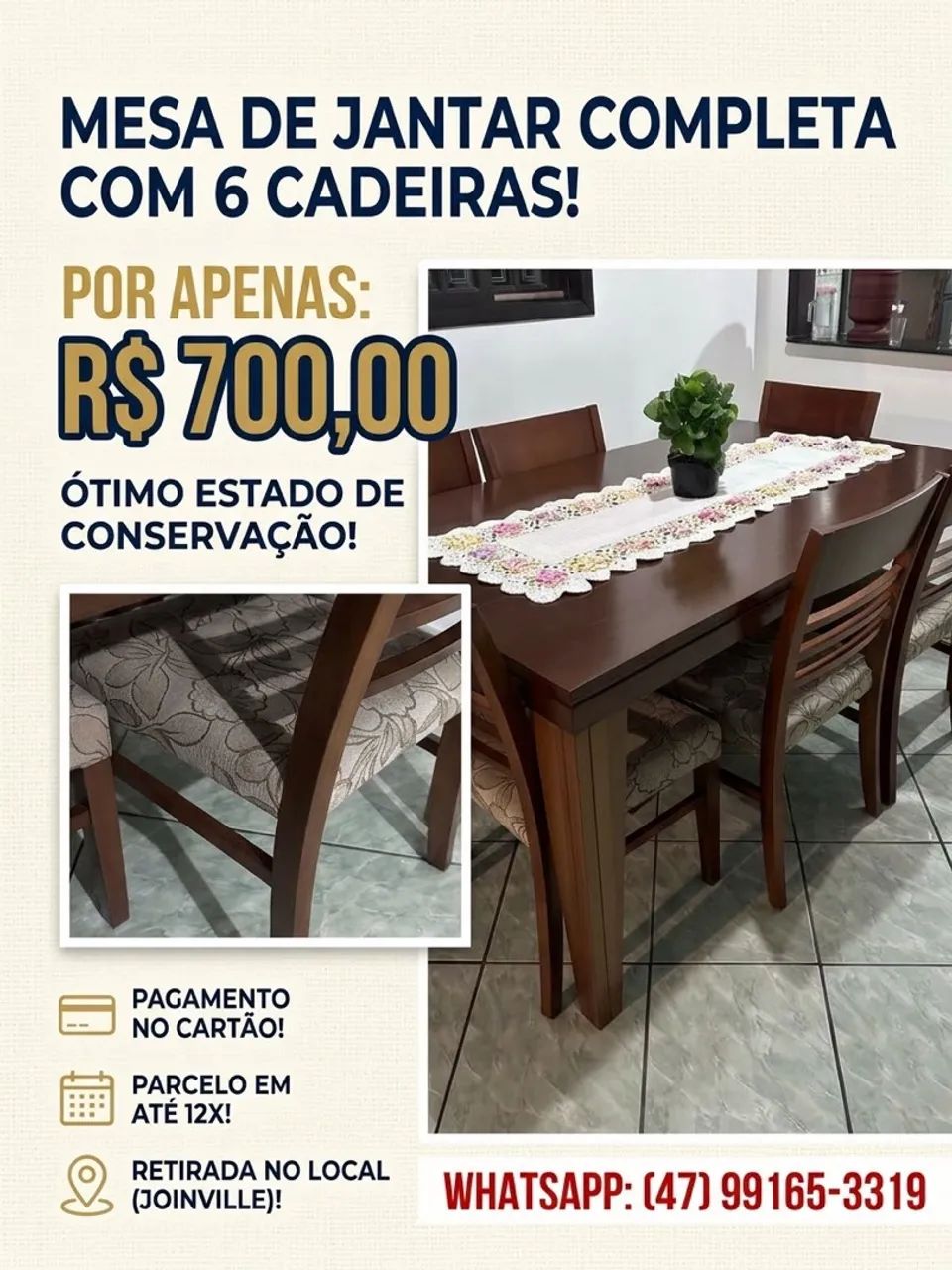 Mesa de madeira com 6 cadeiras estofadas 