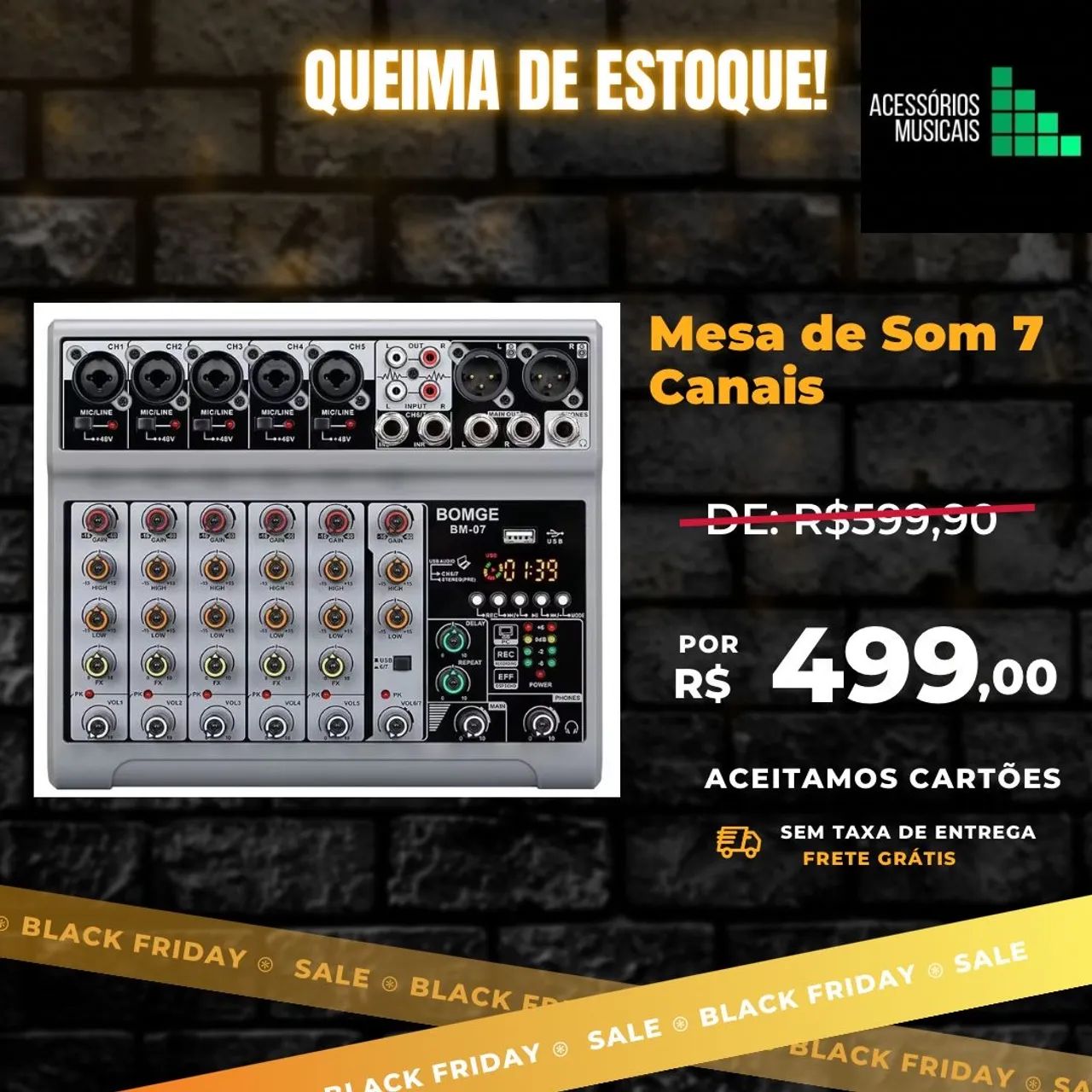 Mesa de Som 7 Canais Profissional Bluetooth e Pen Drive