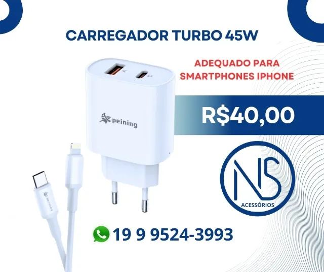  Kit Carregador Turbo Peining, com capacidade de 45W Iphone 