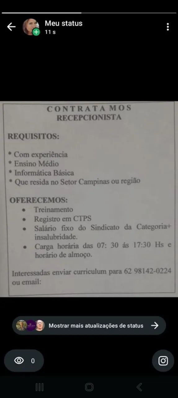 Vaga para recepcionista 