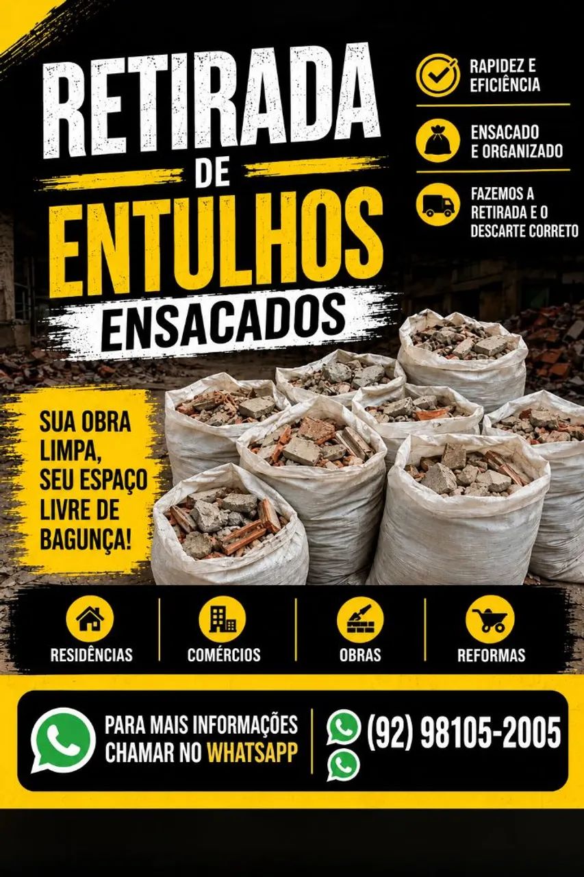 RETIRAMOS ENTULHO ENSACADO EM QUALQUER LUGAR 