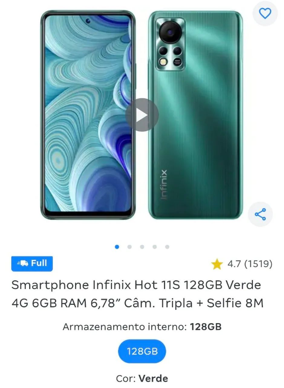 Smartphone infinix hot 11s 128gb novo com NFC 