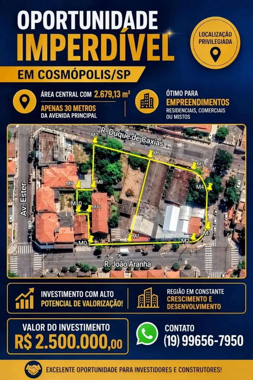 Área NOBRE no centro Cosmópolis-SP. Coml/Resid. de 2.679,13m². PREÇO REDUZIDO.