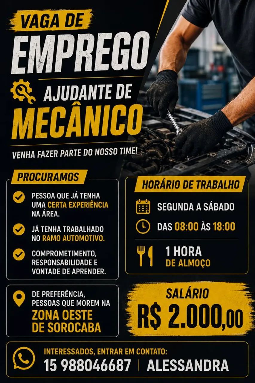 Procuro ajudante de mecânico com alguma experiência. 