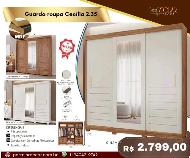 Guarda Roupa Cecília 2.35, a pronta entrega 