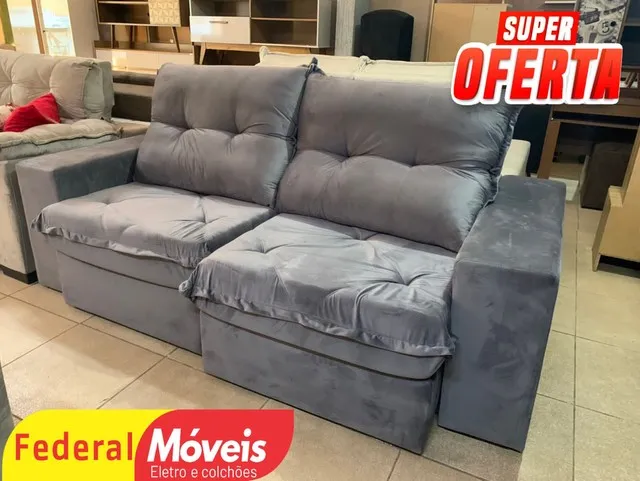 Sofá Prime 2,10m com 22cm de Pillow D28 Molas Ensacadas Veludo Cinza Chumbo