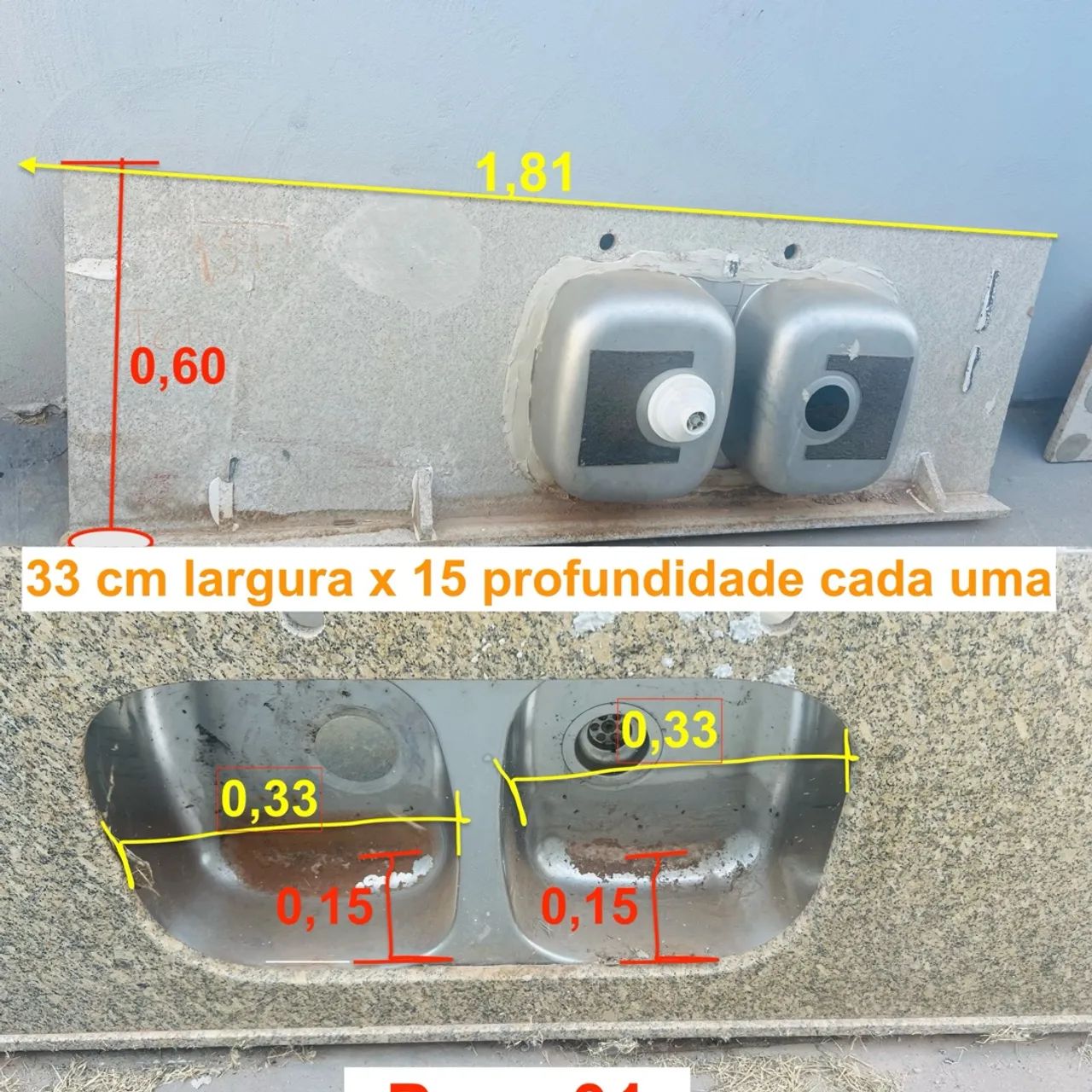 Pia com cuba dupla em inox com bancada em L - toda de marmore