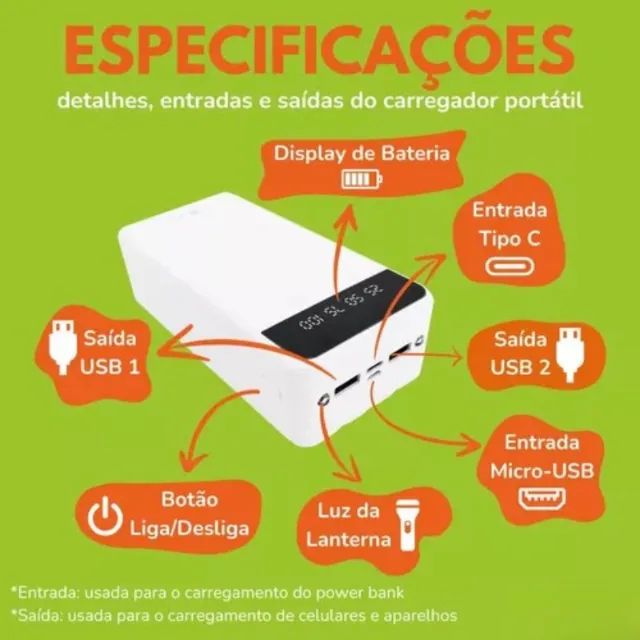 PowerBank Bateria 30.000Mah Inova Carga Rápida já com cabos ( Preto ou Branco) NOVO - Foto 4