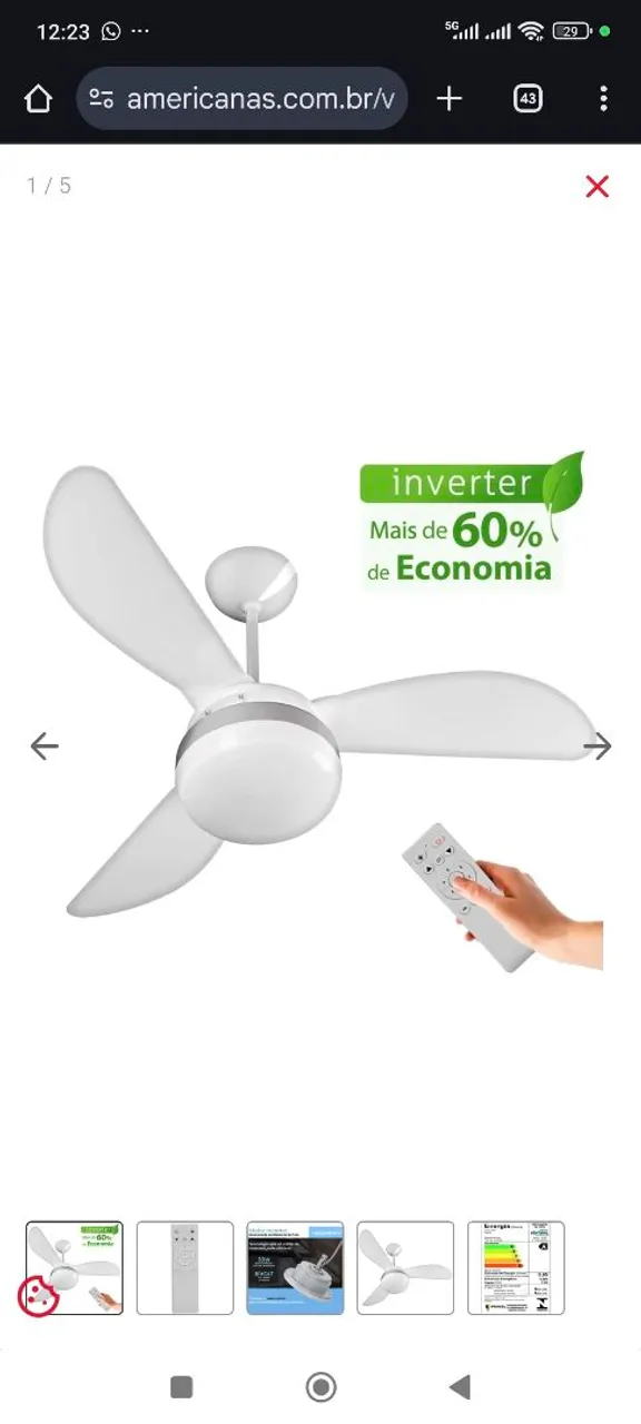 Ventilador de Teto Inverter Silencioso com 60% de Economia